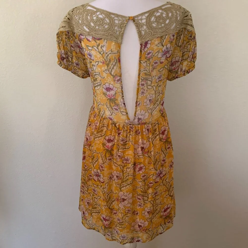 Free People Margot Floral Babydoll Mini Dress XS Yellow Lace Pockets